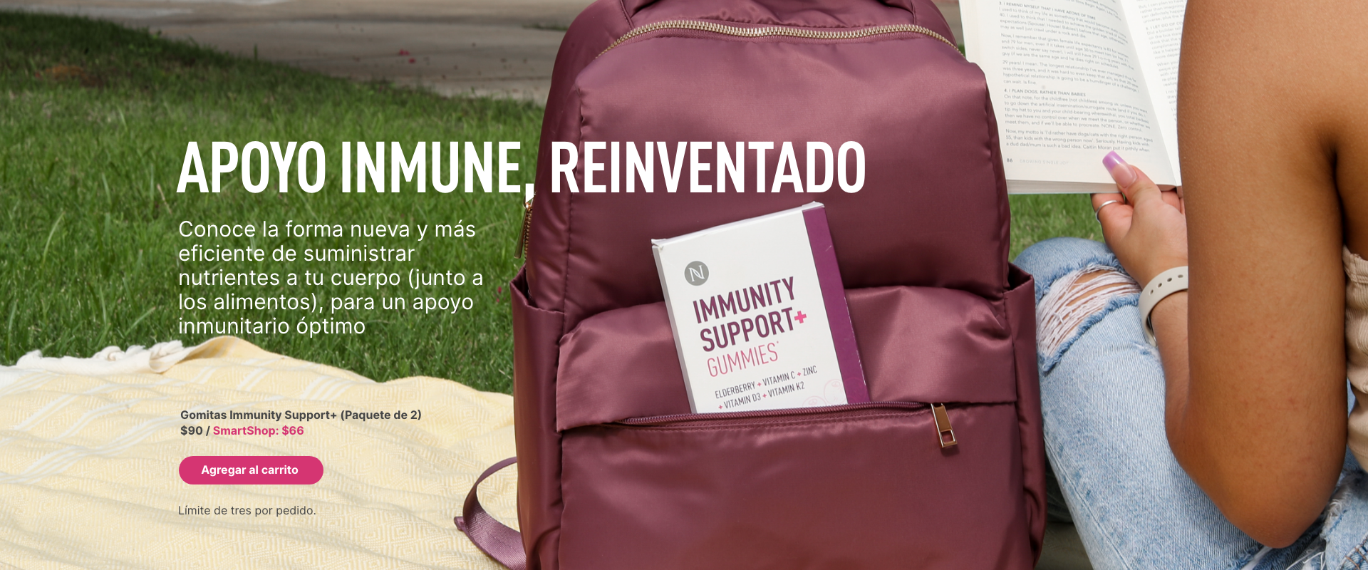 Neora’s NEW Immunity Support+ Gummies in a backpack with a woman sitting next to it reading a book.